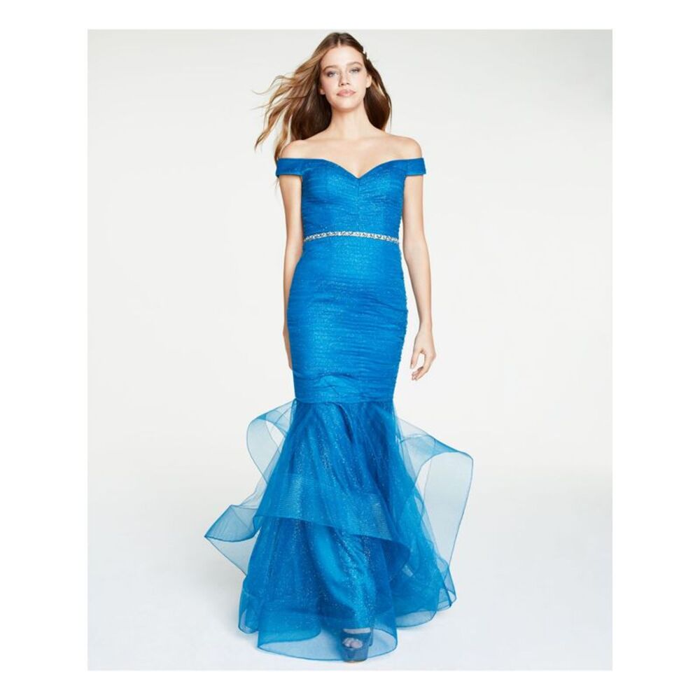 Glamour Womens Blue Cap Sleeve Off Shoulder Full-Length Prom Mermaid Dress 4